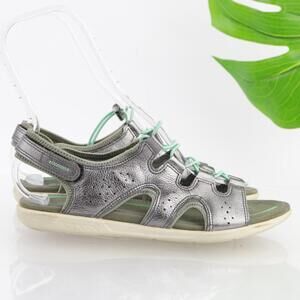 Ecco Womens Bluma Sandals Size 40 9 Silver Leather Flat Bungee Laces Sport Shoes
